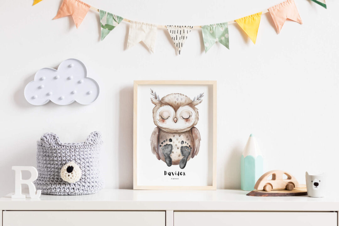 Stylish scandinavian newborn baby room with toys, teddy bear, accessories, ,cloud,colorful cotton flags and natural basket. Modern interior with mock up photo or poster frame. Real photo. Template.