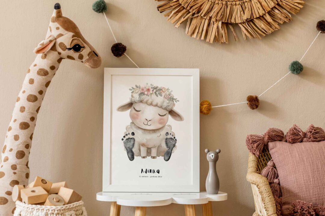 Stylish and modern scandinavian newborn baby interior with mock up photo frame on the small table. Toys, sofa, plush animal and hanging cotton colorful balls. Beige wall. Design home staging. Template