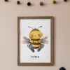 Stylish and beige scandinavian decor of kid room with mock up poster frame, design furnitures, natural toys, hanging cotton balls, plush animal, child accessories and teddy bears. Neutral home decor.