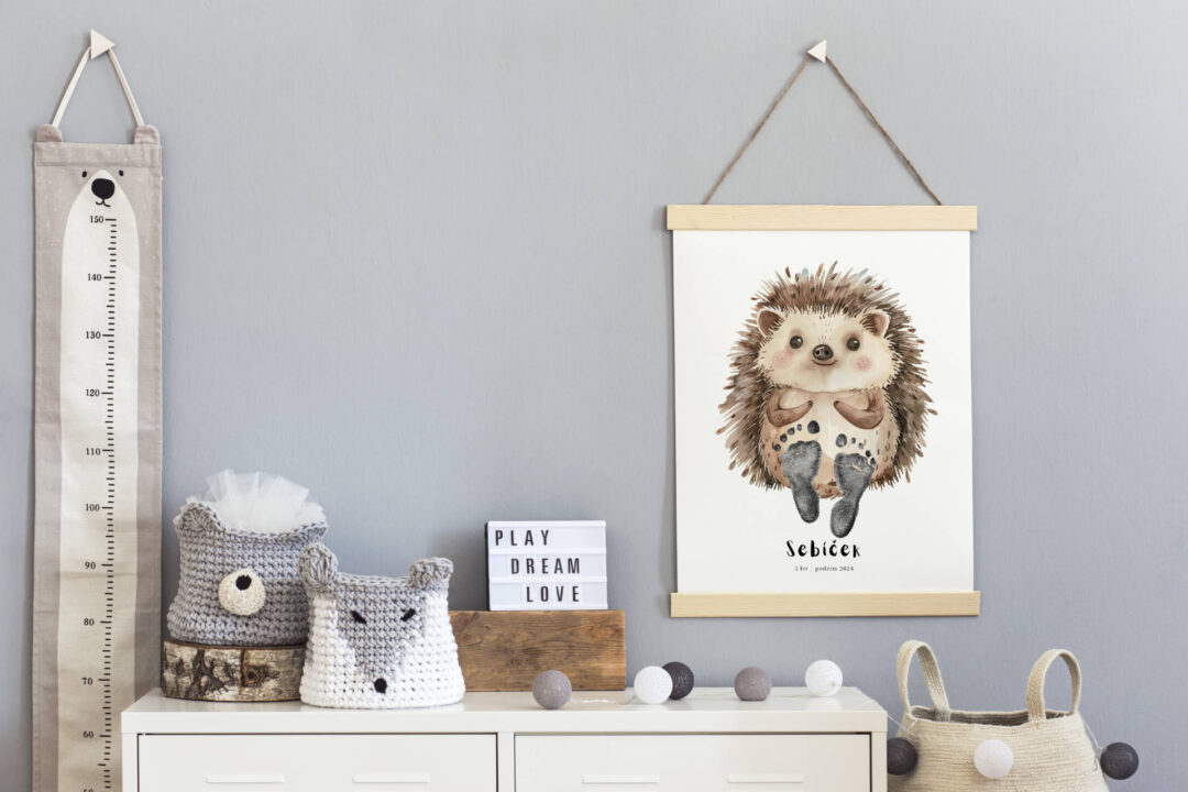 Stylish and cute scandinavian decor of child room with mock up poster, white shelf, natural toys, hanging kid measure basket for accessories and teddy bears. Minimalistic concept of interior.