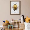 Stylish and beige scandinavian decor of kid room with mock up poster frame, design furnitures, natural toys, hanging cotton balls, plush animal, child accessories and teddy bears. Neutral home decor.