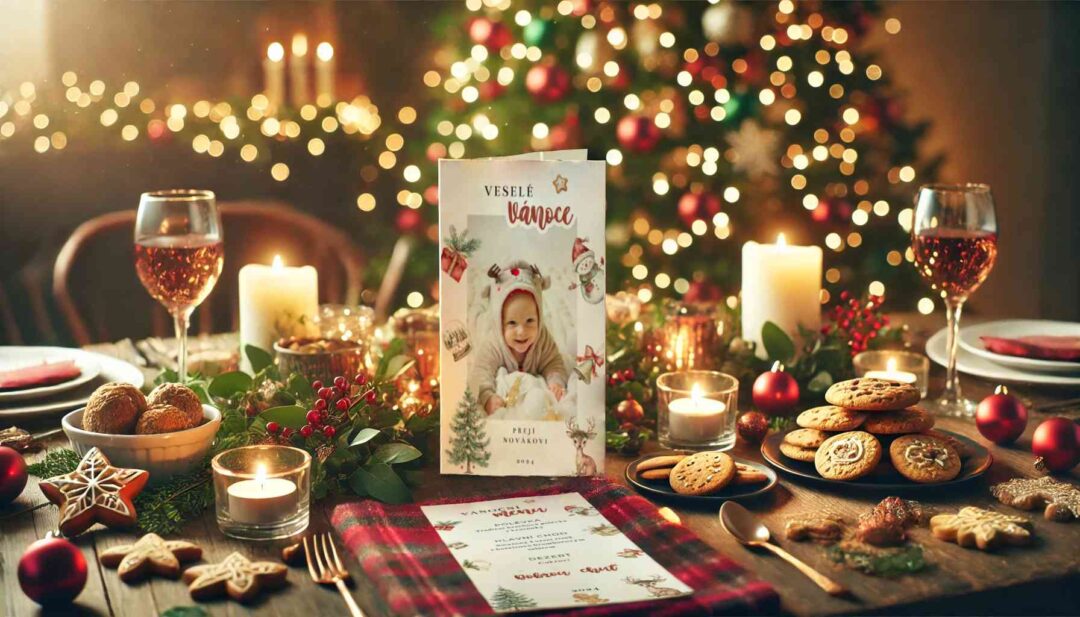 DALL·E 2024-11-07 15.54.35 - A Christmas Eve menu mockup in a cozy holiday setting. The menu card, measuring 8 cm wide and 15 cm tall, stands upright on a festive dinner table, su