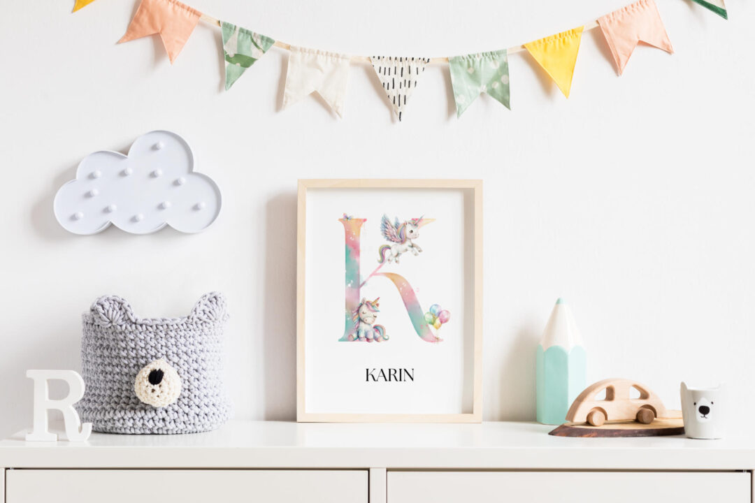 Stylish scandinavian newborn baby room with toys, teddy bear, accessories, ,cloud,colorful cotton flags and natural basket. Modern interior with mock up photo or poster frame. Real photo. Template.